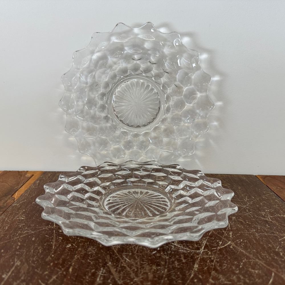 Pair (2)‎ Fostoria American 8 inch bread salad plates clear glass cubist pattern